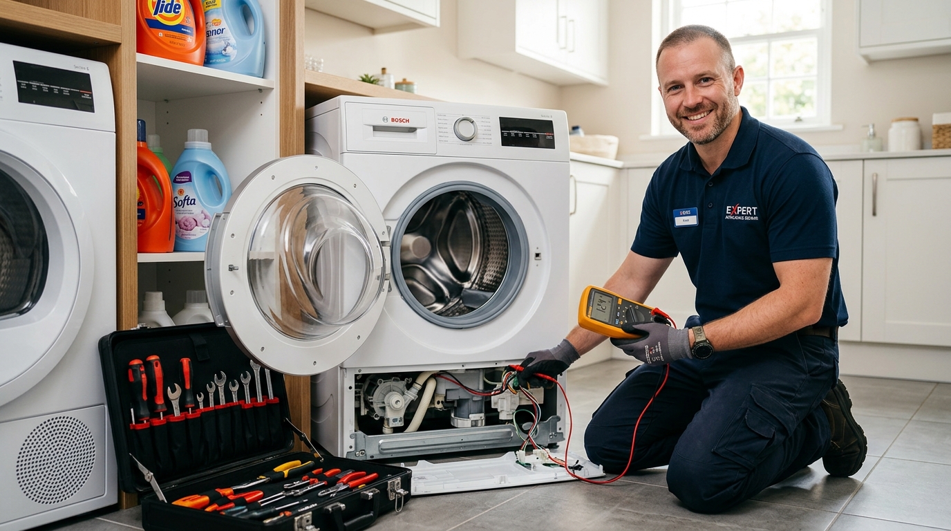 Technician servicing front load washing machine with tools